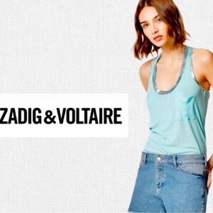Zadig & Voltaire Lagon Blue Racerback Tank Top Samuel Metallic Foil Size Small